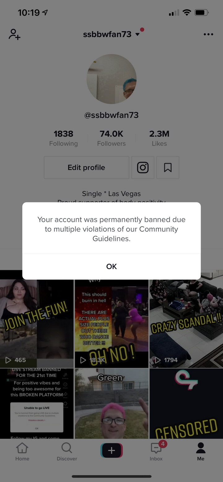 Screenshot showing the first account ban
